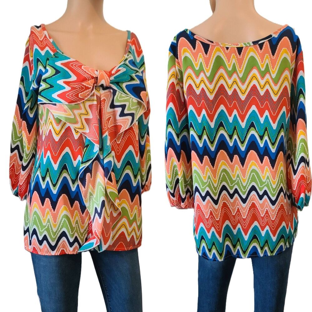 Vibrant Boho Colorful blouse MEDIUM 3/4 sleeve waterfall front top Chevron